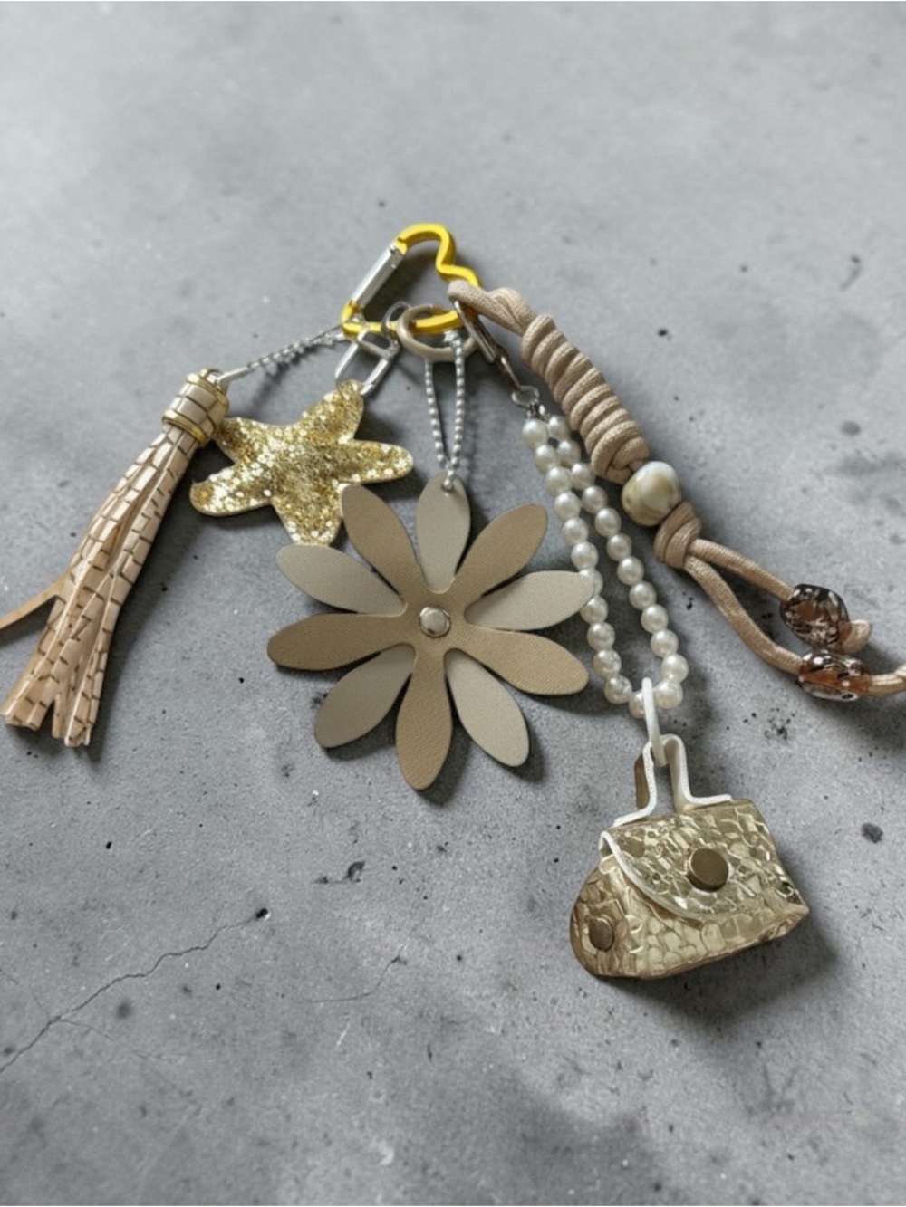 Bag charm Neutral Beige Floral & Gold Charm Keychain - Women Accessories